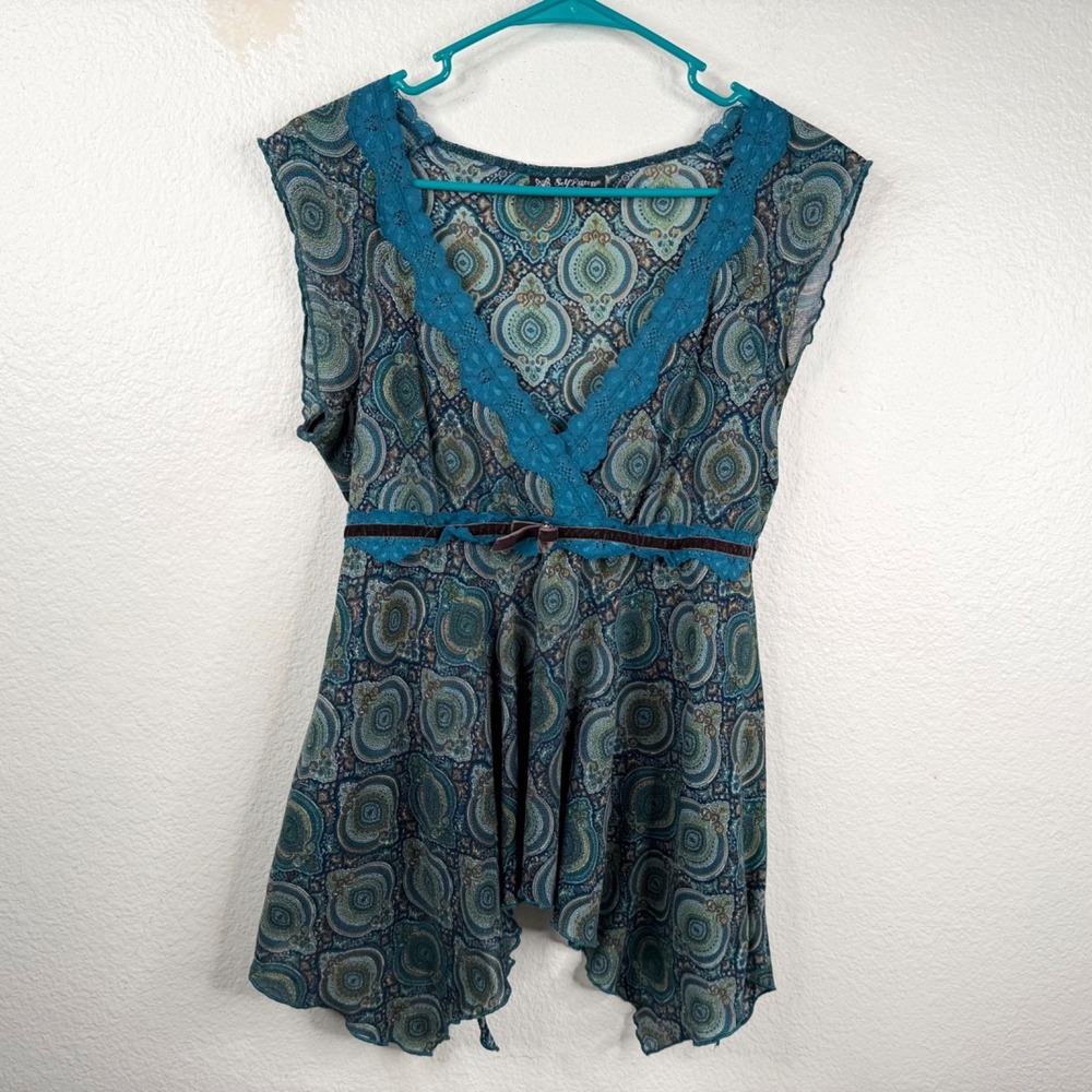 Self Esteem Y2K Whimigoth Fairy Grunge Babydoll Semi Sheer Mesh Lace Blue Sz S/M